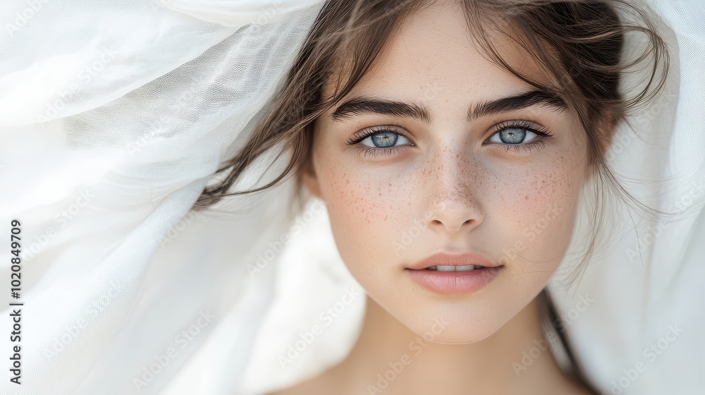Portrait of a young woman with blue eyes and freckles, close-up Portrait of a young woman with blue eyes and freckles, close-up