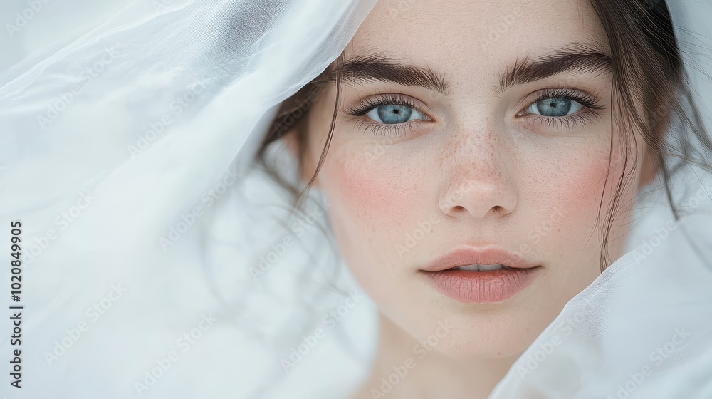Close-up portrait of a young woman with a white veil Close-up portrait of a young woman with a white veil