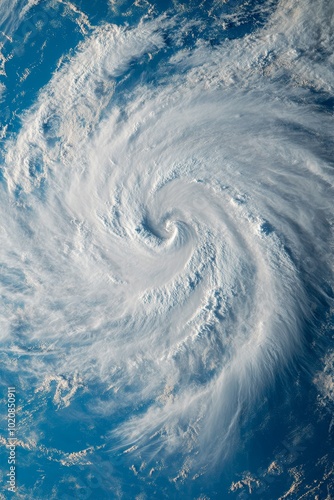 Powerful hurricane swirling in the Atlantic Ocean captured from space during the storm season showcasing intricate cloud patterns