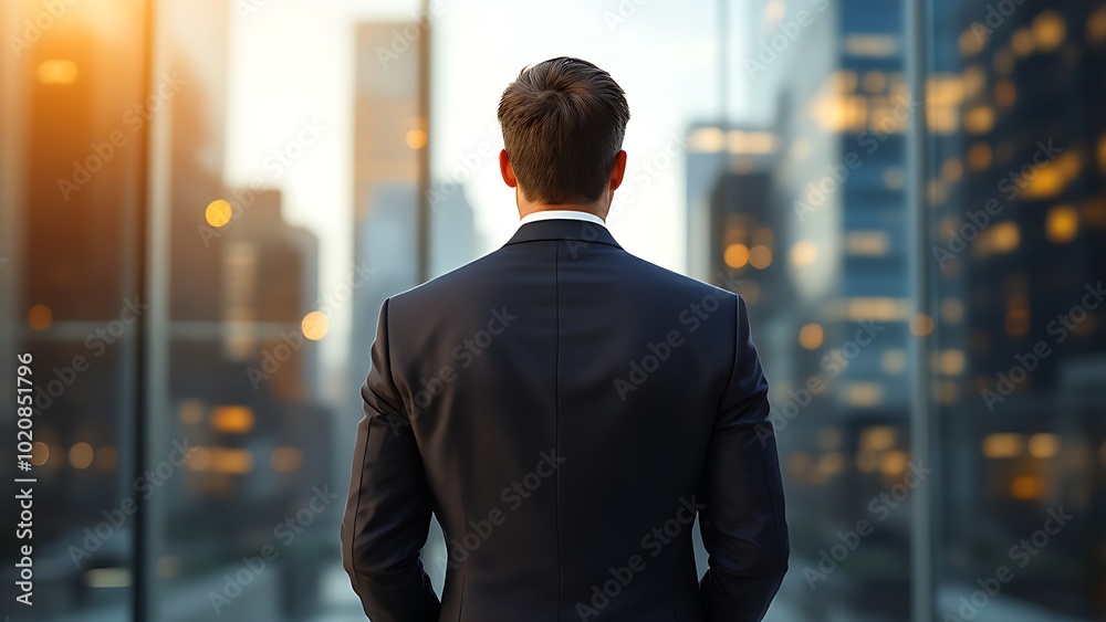Businessman Overlooking Cityscape at Sunset Businessman Overlooking Cityscape at Sunset