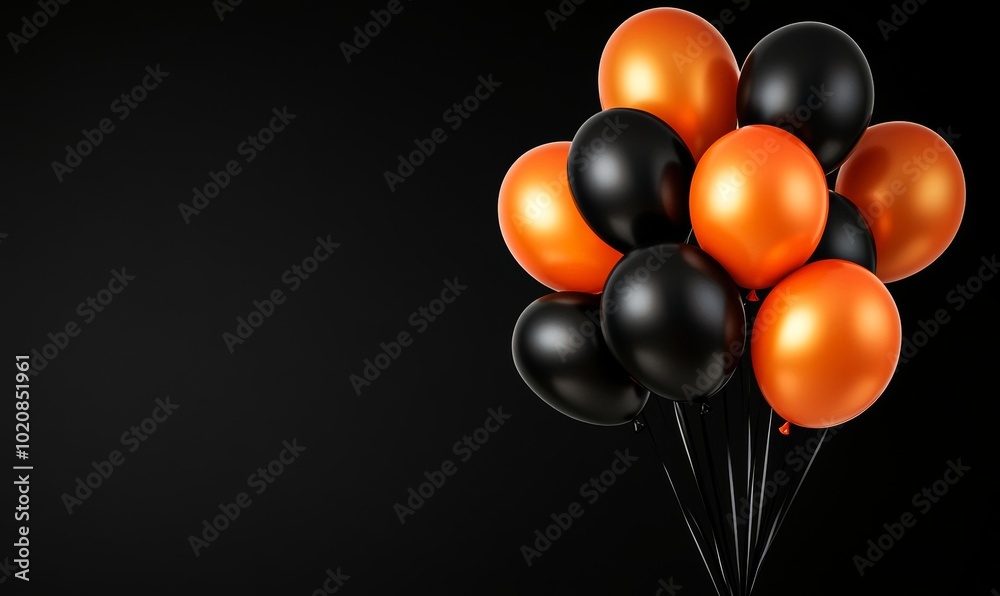 On a black background, black and orange balloons are decorated with golden ribbons On a black background, black and orange balloons are decorated with golden ribbons