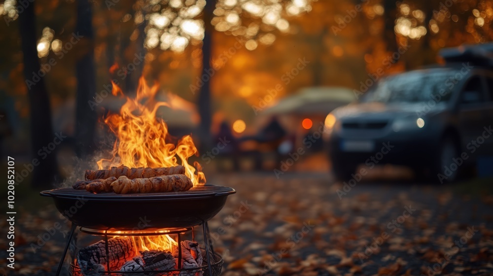 Grilling sausages over a roaring campfire with a blurred car and campers in the background, during a cozy autumn evening. Grilling sausages over a roaring campfire with a blurred car and campers in the background, during a cozy autumn evening.