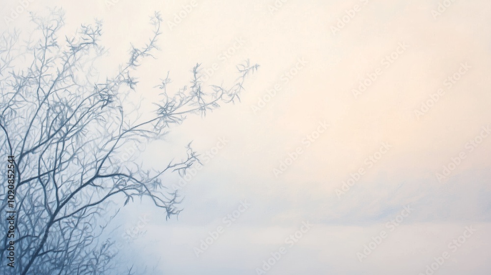 Fototapeta premium A solitary branch stretches toward a pale sky, capturing the essence of a tranquil winter morning in nature