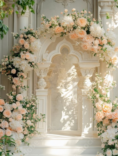 Elegant floral arch adorned with peach roses and white blossoms in a serene setting.