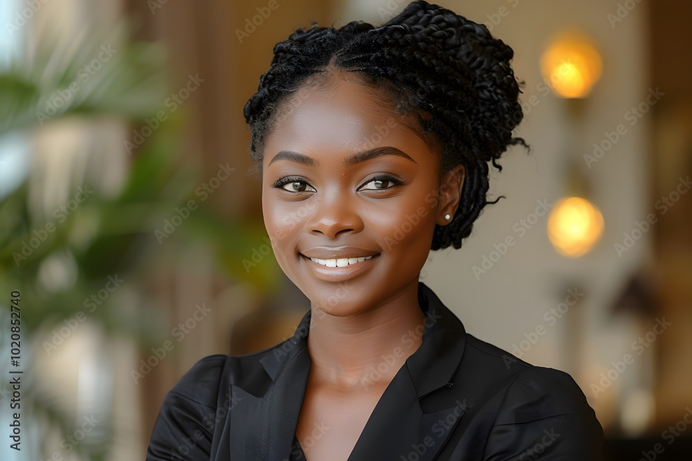 Professional Portrait of a Smiling Woman in Business Attire with Elegant Braided Hairstyle Professional Portrait of a Smiling Woman in Business Attire with Elegant Braided Hairstyle
