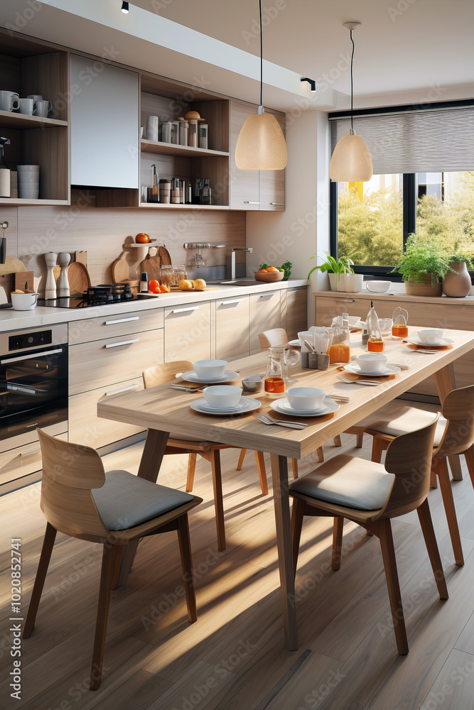 A modern kitchen in warm beige tones featuring a wooden dining table set with dishes, surrounded by sleek cabinetry. A modern kitchen in warm beige tones featuring a wooden dining table set with dishes, surrounded by sleek cabinetry.