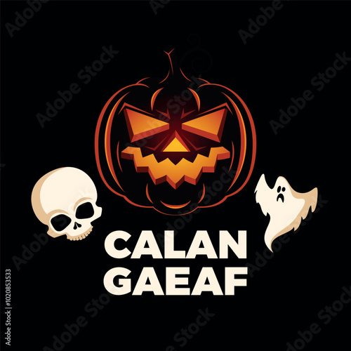 Calan Gaeaf traditional Welsh festival poster vector illustration. Spooky glowing Halloween pumpkin, ghost and skull icon set on a black background. Template for background, banner, card. 1 November photo