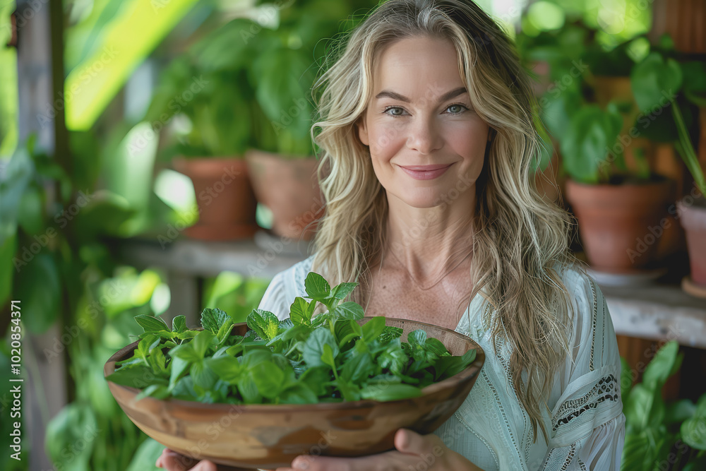 A healthy woman with sparkling eyes holds a wooden bowl with green herbs in her hand. A healthy woman with sparkling eyes holds a wooden bowl with green herbs in her hand.