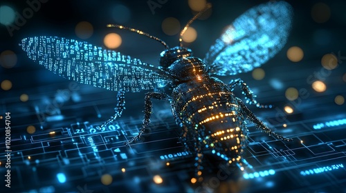 Digital Insect Crawling on Circuit Board with Code-Like Wings photo