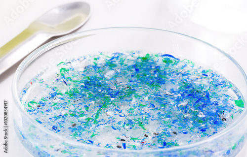 hand of traces of plastic and microplastic in petri dish