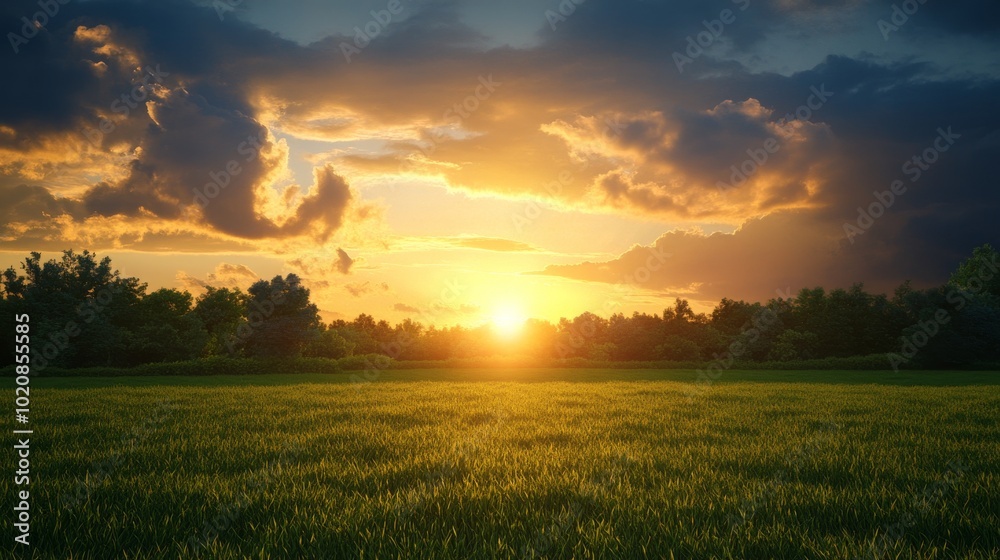 Golden Sunset Over Green Field With Trees Golden Sunset Over Green Field With Trees