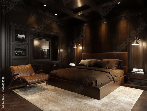 A modern man room with brown walls, dark wood accents, and metallic fixtures for a grounded, cozy feel