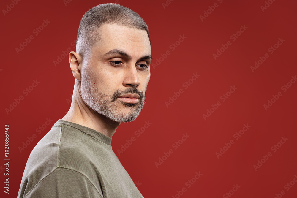 serious man in profile, serious looking down