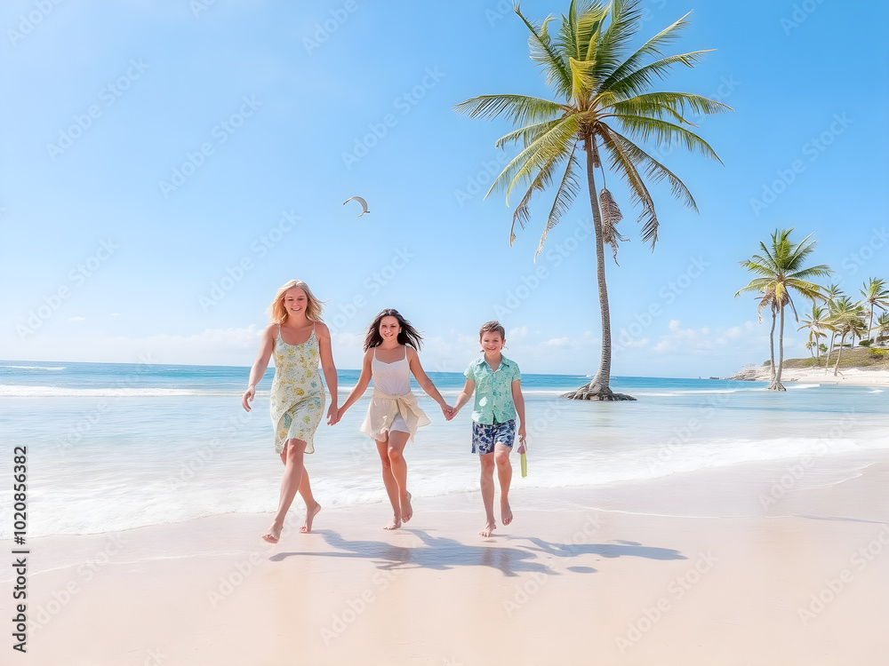 Mother and kids running on the beach with palm trees in the background Mother and kids running on the beach with palm trees in the background