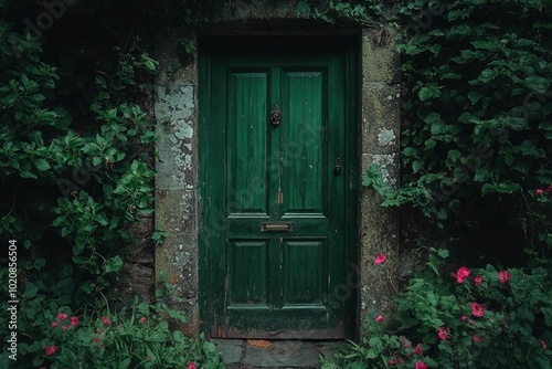 Weathered Green Door Framed by Lush Greenery