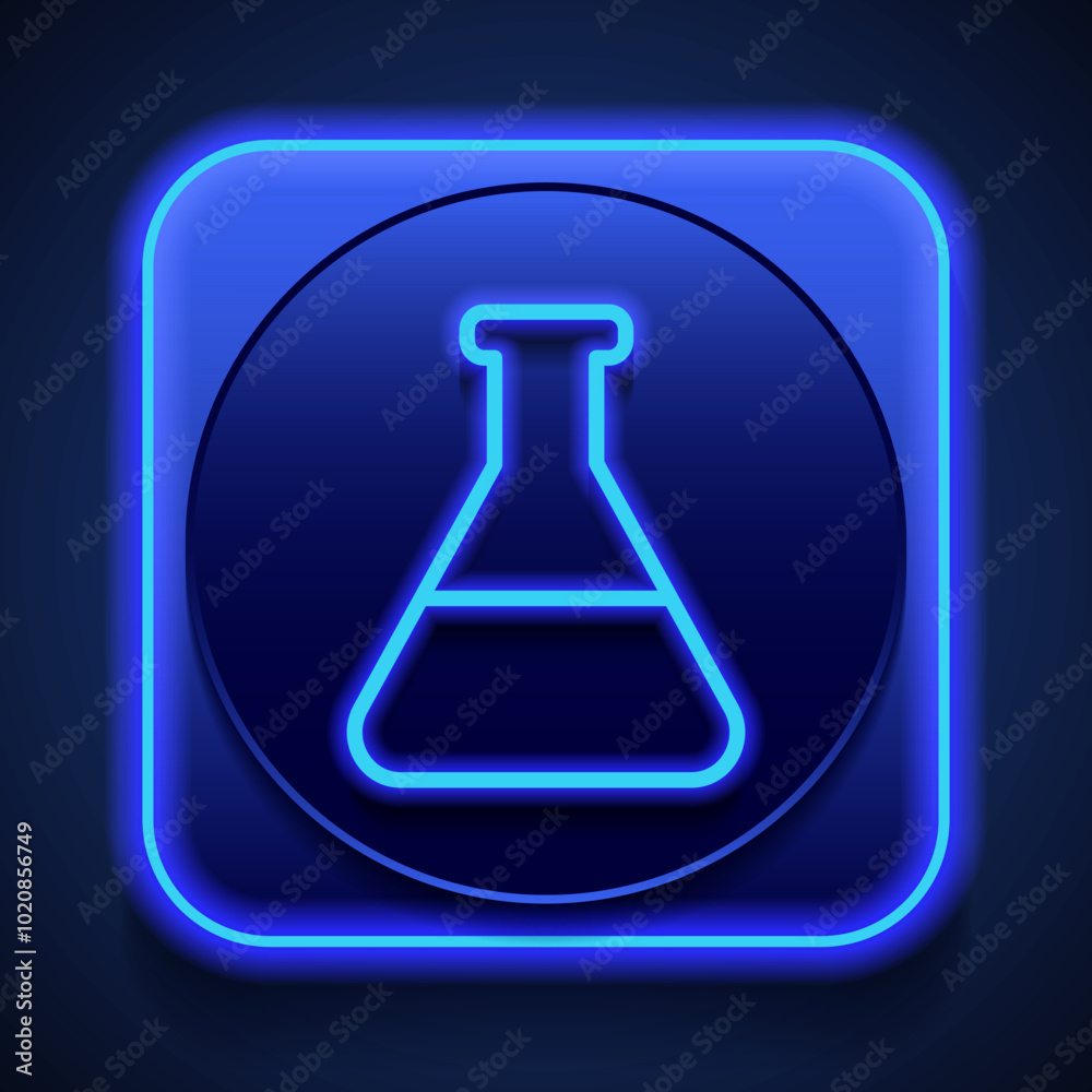 Flask simple icon vector. Flat design. Blue neon style on button. With shadow Flask simple icon vector. Flat design. Blue neon style on button. With shadow