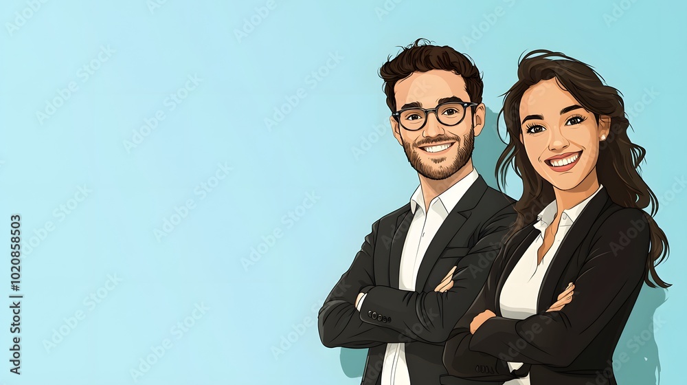 Cartoon-style depiction of two office workers standing next to each other with arms crossed and smiling Cartoon-style depiction of two office workers standing next to each other with arms crossed and smiling