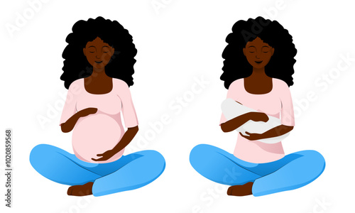 African american woman in lotus pose with pregnancy and newborn baby