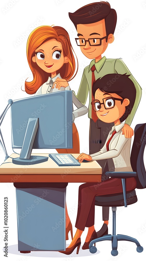 Cartoon vector-style business team in an office working together on a computer, against a white background. Cartoon vector-style business team in an office working together on a computer, against a white background.