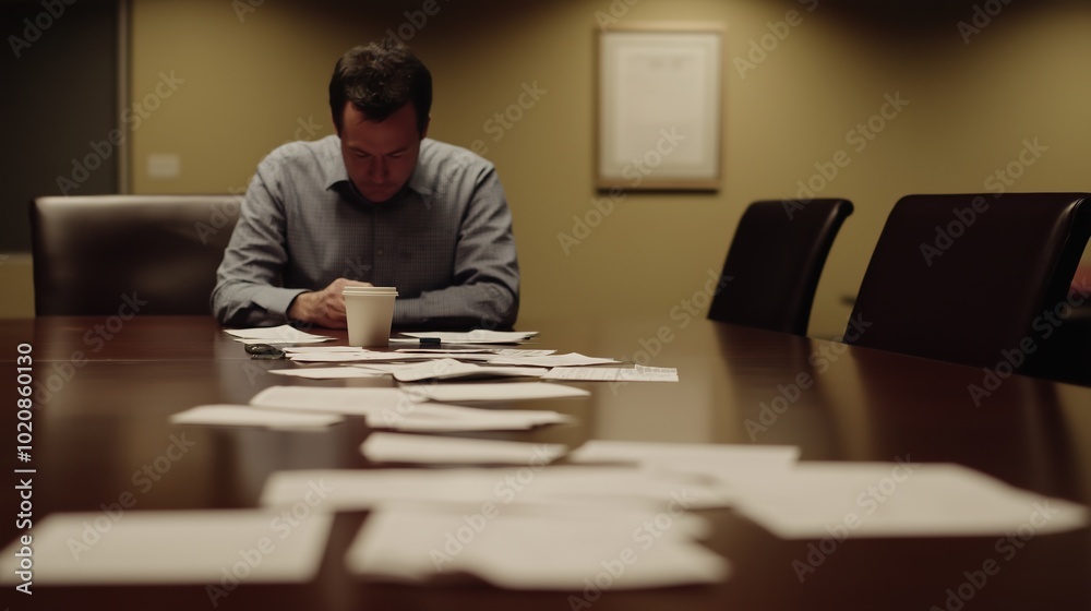 Man sitting alone at large empty conference table with sad expression, symbolizing corporate breakup amidst scattered documents and half-empty coffee cup. Man sitting alone at large empty conference table with sad expression, symbolizing corporate breakup amidst scattered documents and half-empty coffee cup.