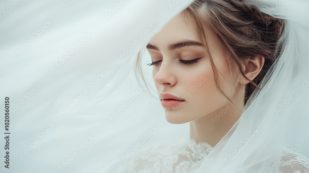 Close-up portrait of a young bride in a white veil with a serene expression Close-up portrait of a young bride in a white veil with a serene expression