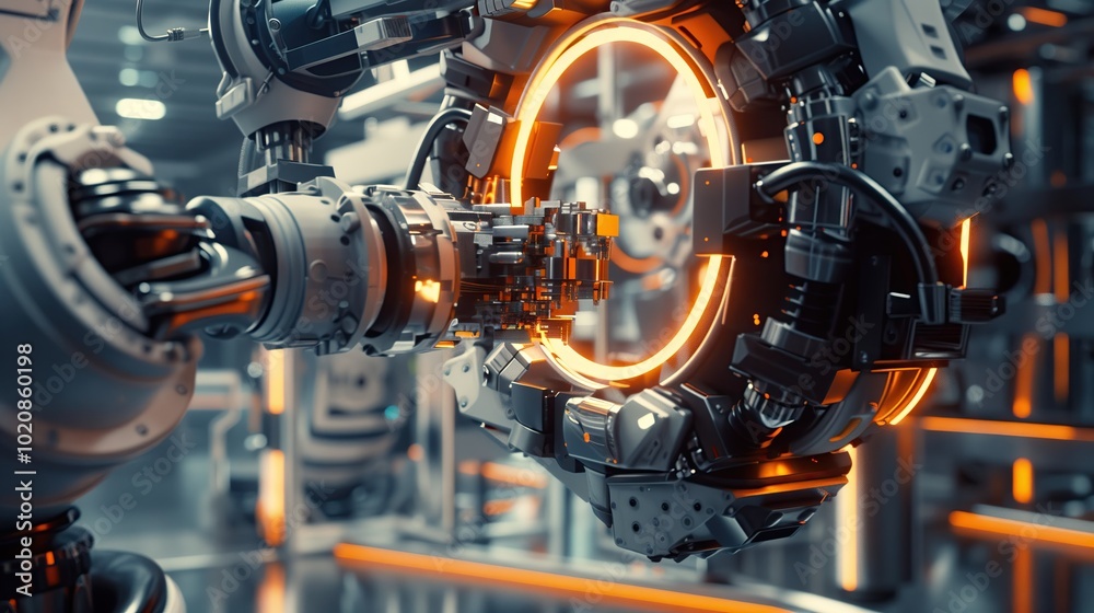 Close-up of a large industrial robot arm working in a modern factory, assembling parts. Background shows the scale of the automated assembly line.
Close-up of a large industrial robot arm working in a modern factory, assembling parts. Background shows the scale of the automated assembly line.