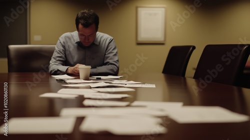 Man sitting alone at large empty conference table with sad expression, symbolizing corporate breakup amidst scattered documents and half-empty coffee cup. photo