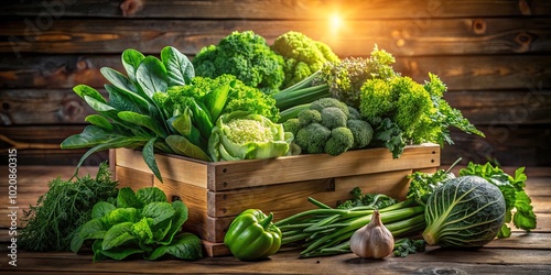 A Rustic Wooden Crate Overflowing with a Bountiful Harvest of Fresh Green Vegetables, Evoking a Sense of Abundant Nature and Healthy Eating