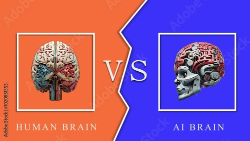 Human Brain Vs AI Brain, Artificial Intelligence, Futuristic Concept Of Human And Techonology Development, Human And Robot Challenge.