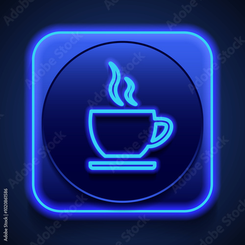 Cup simple icon vector. Flat design. Blue neon style on button. With shadow