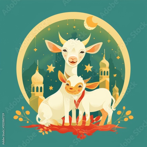 eid al adha background with cow, and goat for poster, banner design. vector illustration photo