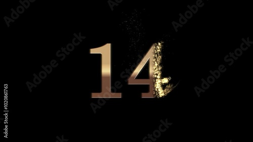 Gold number 14 with gold particles and alpha channel, number fourteen photo