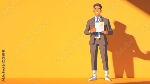 A cartoon man in a suit and tie, wearing white socks on his feet, is holding up an empty card to the camera