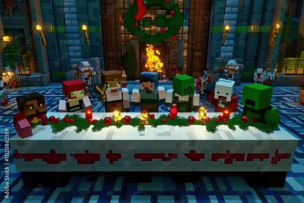 Fototapeta premium Festive voxel characters gathered around a decorated table in a holiday-themed castle hall.