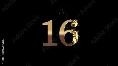 Gold number 16 with gold particles and alpha channel, number sixteen photo