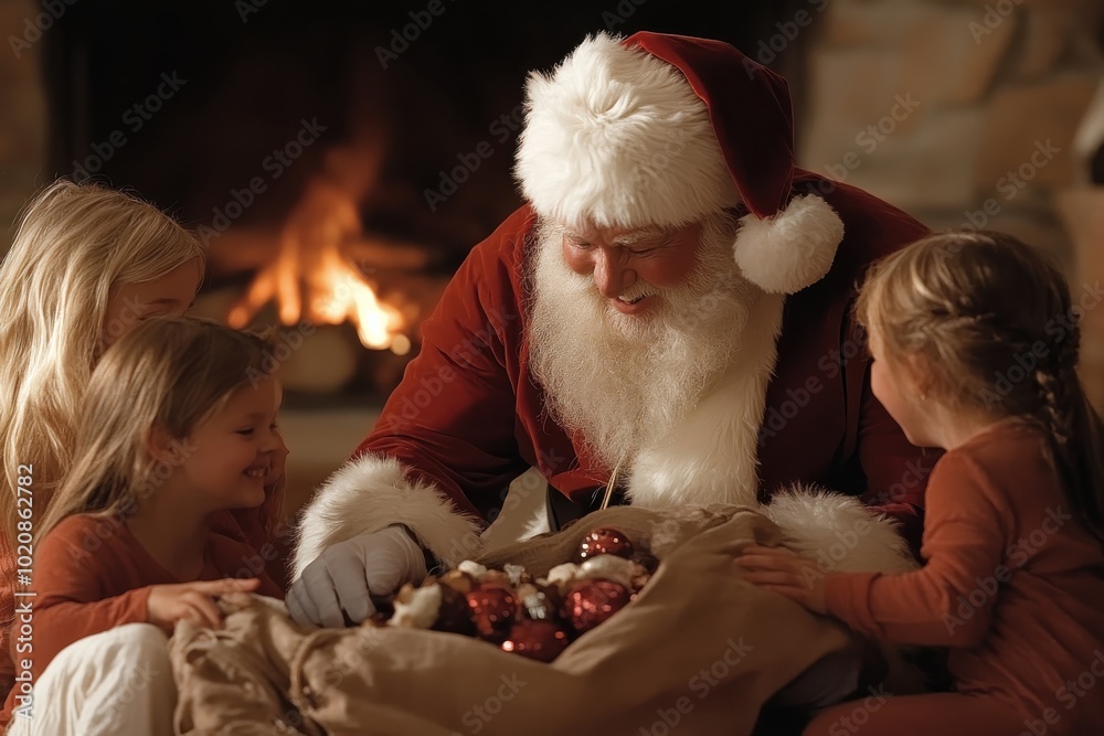 Obraz premium Santa Claus joyfully shares gifts with delighted children seated around a crackling fireplace, enveloped in a warm, festive atmosphere, symbolizing happiness and generosity.