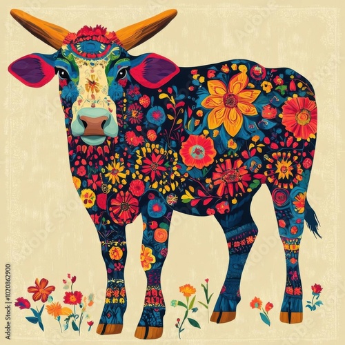 Cow adorned with intricate Pua Kumbu patterns photo