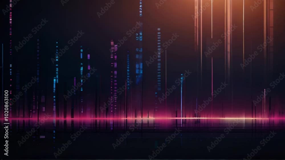 Futuristic city skyline made of vertical neon lines in pink and blue tones, with a glowing horizon against a dark background, creating a digital, sci-fi aesthetic Futuristic city skyline made of vertical neon lines in pink and blue tones, with a glowing horizon against a dark background, creating a digital, sci-fi aesthetic
