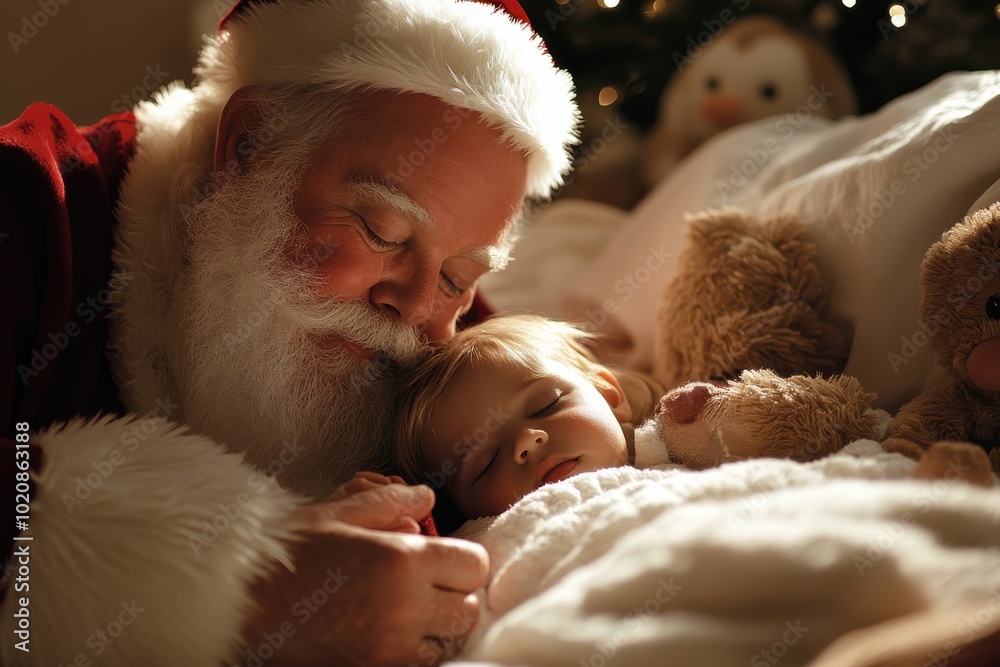 Obraz premium Santa Claus, in his red suit, lovingly snuggles a peacefully sleeping child, surrounded by plush toys and Christmas lights, embodying the spirit of warmth and care.