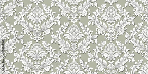Intricate Floral Motif Pattern With Delicate Leaf Scrolls and Delicate Blooms on a Soft Green Backdrop