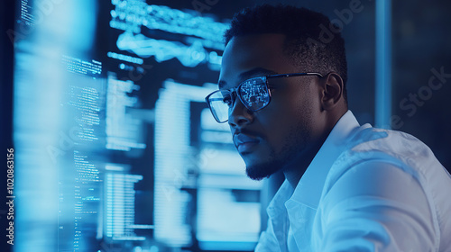 Cybersecurity Expert Examining Data in a Modern Office