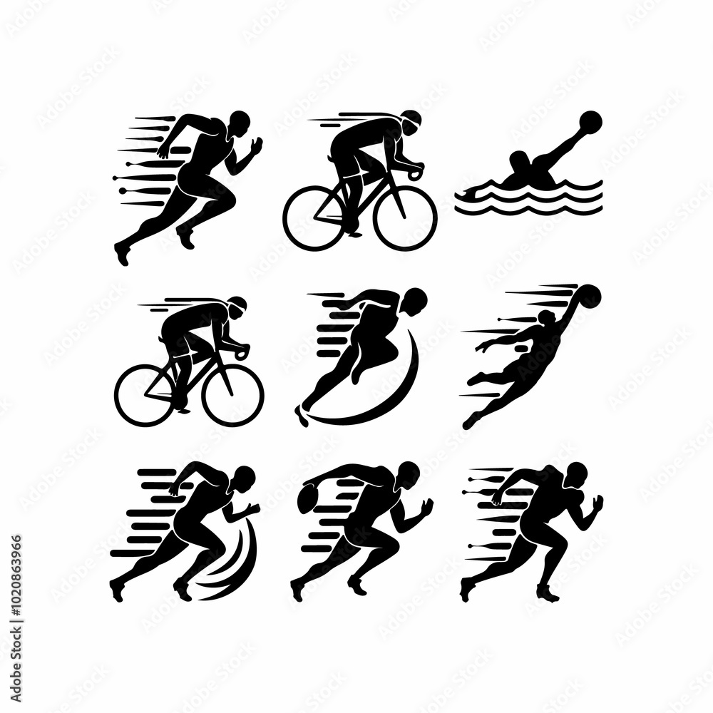 Silhouettes of people sports, running, swimming and biking icon vector Silhouettes of people sports, running, swimming and biking icon vector