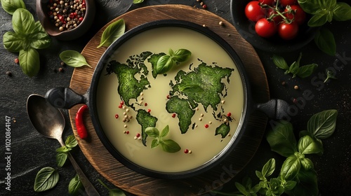 Wallpaper Mural A creative soup presentation using herbs forming a map of the world, surrounded by fresh ingredients. Torontodigital.ca