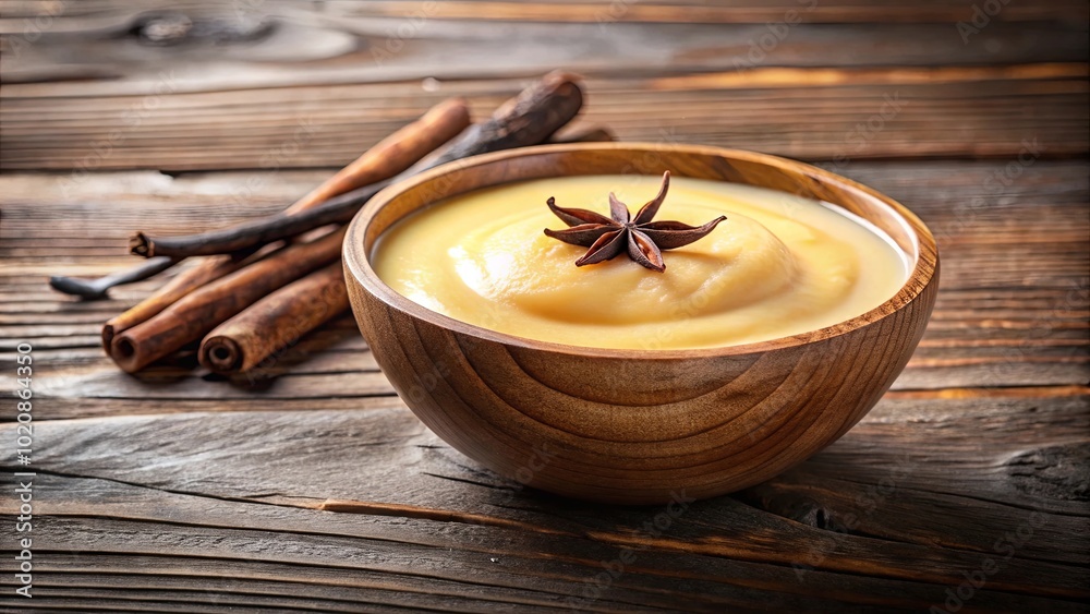 A wooden bowl filled with creamy vanilla pudding, adorned with a star anise, resting on a rustic wooden table, accompanied by cinnamon sticks and vanilla beans. A wooden bowl filled with creamy vanilla pudding, adorned with a star anise, resting on a rustic wooden table, accompanied by cinnamon sticks and vanilla beans.