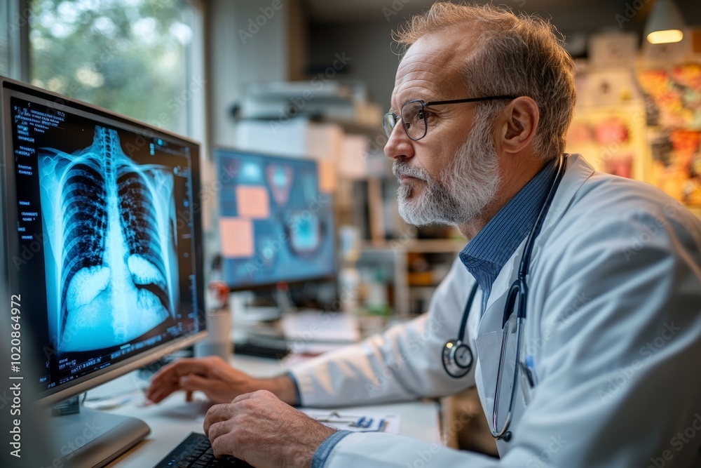 Senior doctor analyzing a chest x-ray on computer in medical office Senior doctor analyzing a chest x-ray on computer in medical office