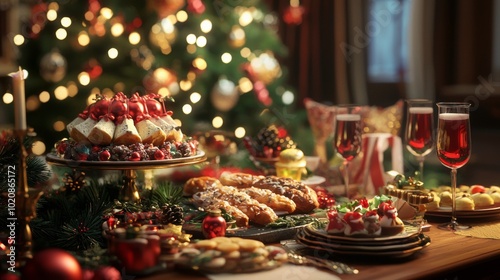 Festive Christmas dessert table with pastries and holiday drinks