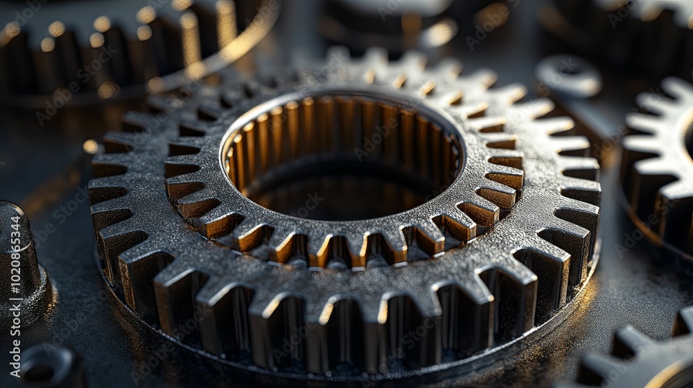 Close-up of Interlocking Metal Gears with a Golden Sheen Close-up of Interlocking Metal Gears with a Golden Sheen