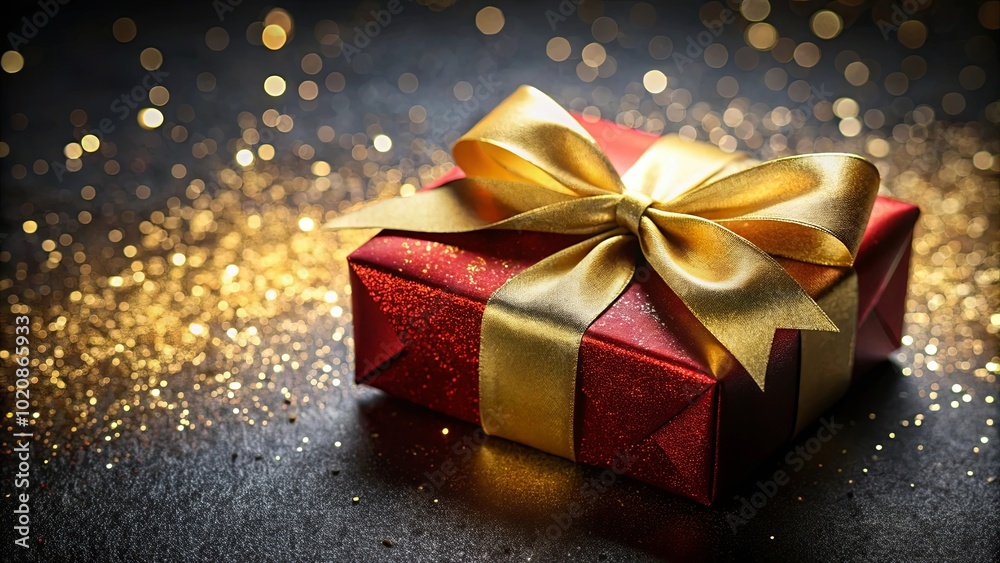 A red gift box with a golden bow resting upon a bed of sparkling gold glitter. A red gift box with a golden bow resting upon a bed of sparkling gold glitter.