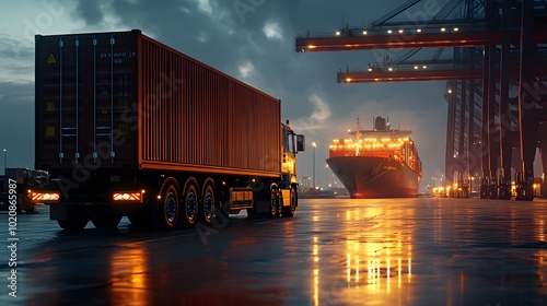 Detailed scene of a container truck waiting at the port gate, with a backdrop of a large cargo ship and port infrastructure, emphasizing the logistics network