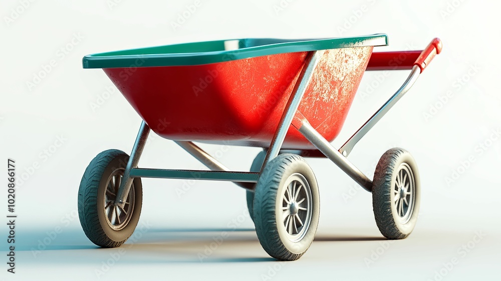 A Red and Green Wheelbarrow with a Silver Handle A Red and Green Wheelbarrow with a Silver Handle